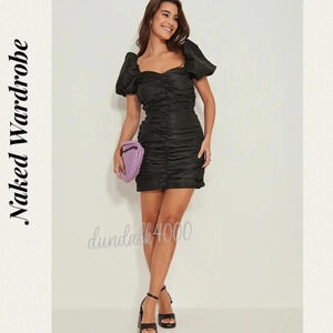 NWT Naked Wardrobe Puffy Sleeve Draped Mini Dress Black L